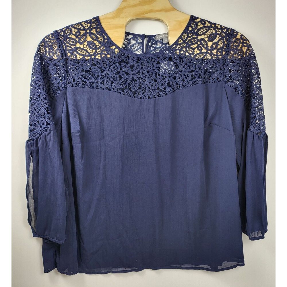 Jessica London Women's Plus Size 28W Stretch Lace Neckline Lined Navy Blue Top